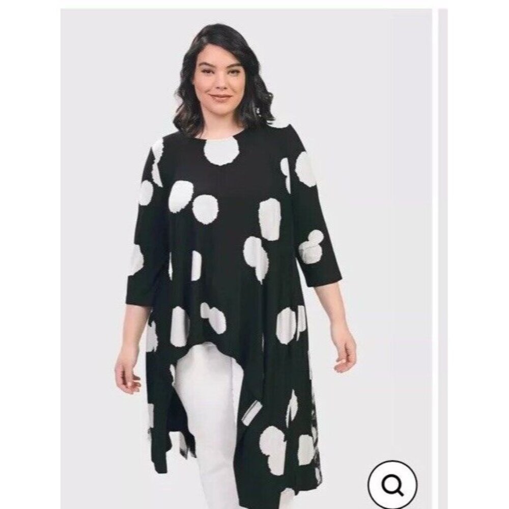Alembika Tunic Top Size 8 10 Spot Hi-Lo Black White 3/4 Sleeve Jersey Pullover
